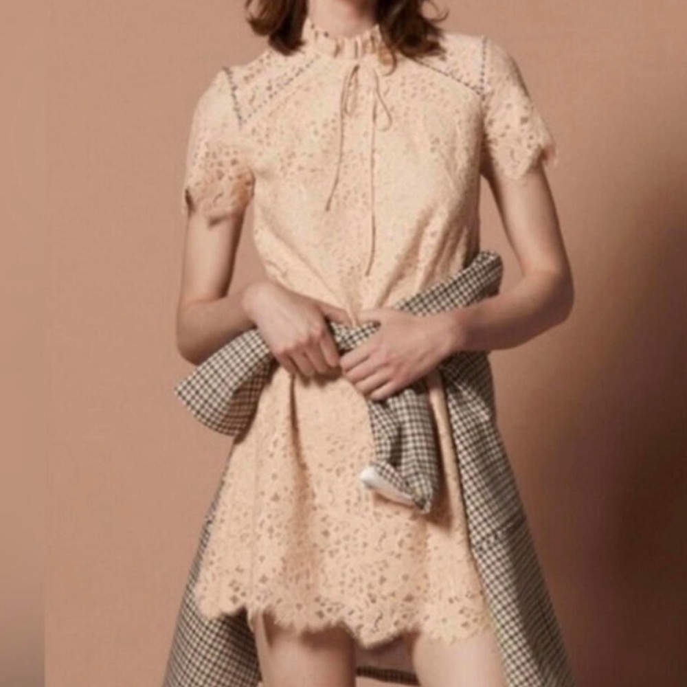 Sandro Peach High Neck Lace Rhinestones Cocktail Mini Dress size 40/ US4